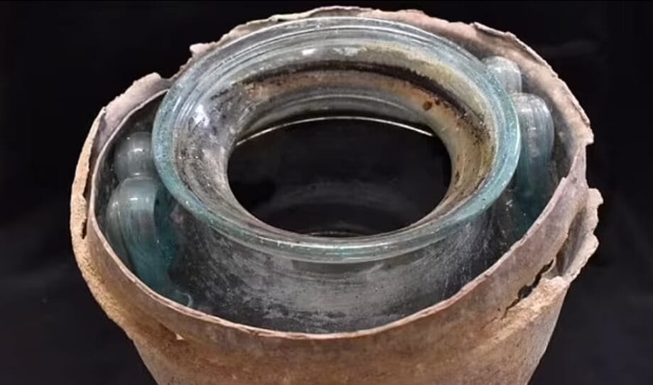 A gold ring was also found in the dark reddish liquid which was filled to the urn's brim (pictured) credit Juan Manuel Roman