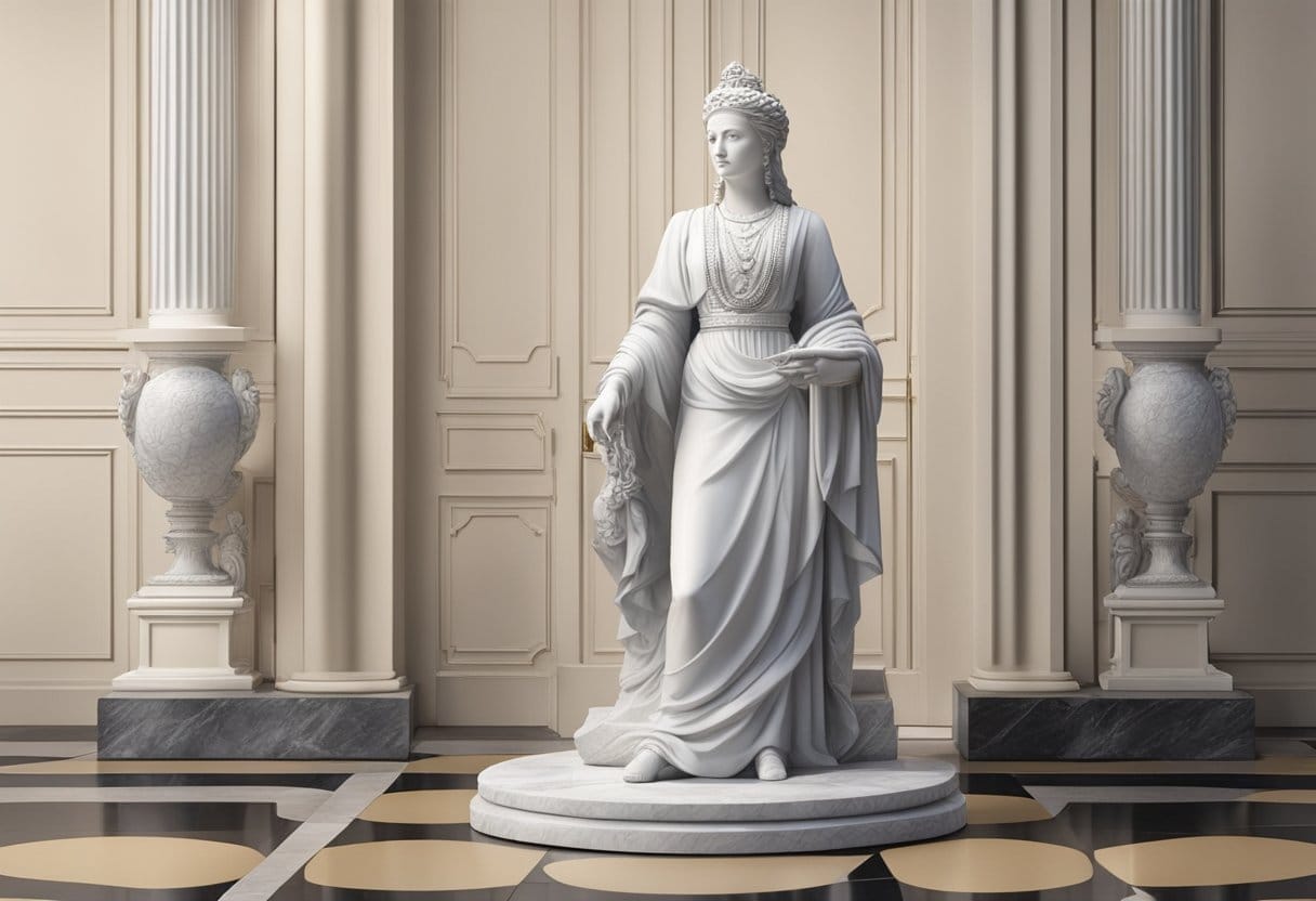 A grand marble statue of Vibia Sabina stands tall, symbolizing her enduring legacy and influence. The intricate details of her regal attire and serene expression capture her powerful presence